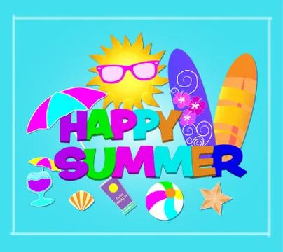 Happy Summer colorful lettering. Beach icons on lightblue background Stock Illustration