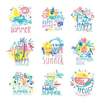 Happy Summer logo template original design set, colorful hand drawn vector Stock Illustration