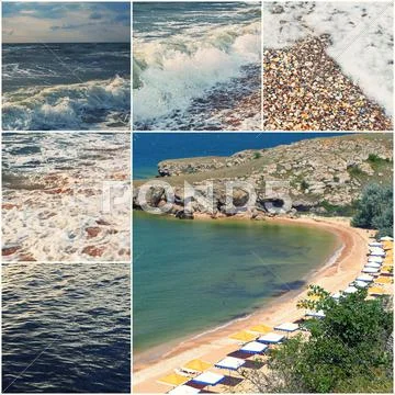 Happy summertime theme photo collage composed of colorized images of Sea of Azov Stock Photos