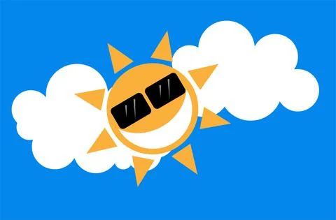 Happy Sunny Sun Smilie Face vector design on a blue and cloudy sky Stock Illustration