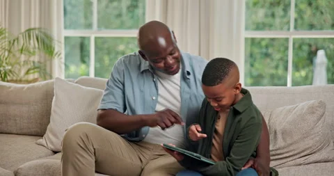 Happy, tablet and dad with child on sofa for bonding with online game, internet Stock Footage 341470291