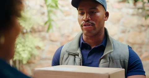 Happy, tablet and delivery man at door with box for digital invoice, online Stock Footage 337473986