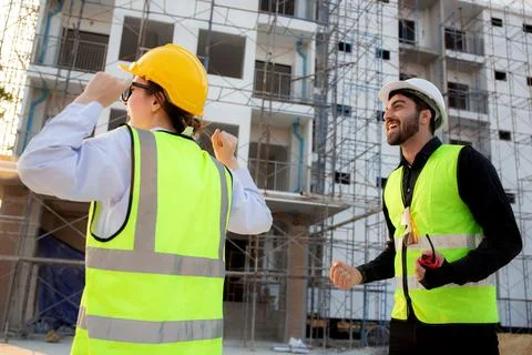 Happy team of architect or engineer with success and glad at construction s.. 写真素材