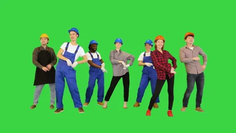 Happy Team Of Construction Workers Dancing Disco on a Green Screen, Chroma Key. Stock Footage 157067225