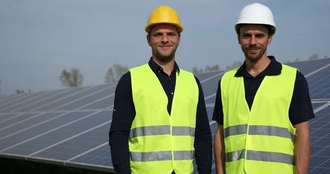 Happy Team of Engineer Workers Men Showing Ok Sign Looking Camera in Solar Farm Stock Footage 88019527