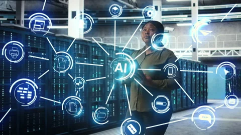 Happy technician walks in data center with tablet, monitoring equipment, overlay Stock Footage 333167027