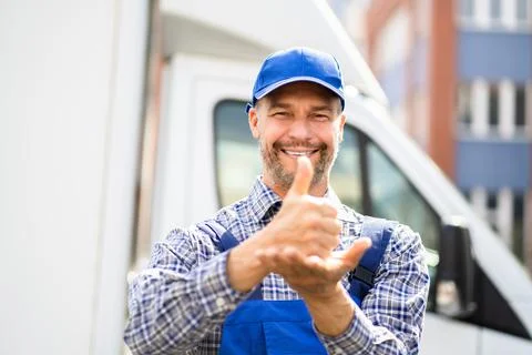Happy Technician Worker Using Sign Language Stock Photos