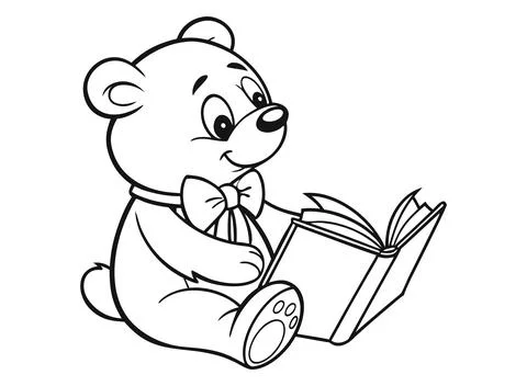 Happy teddy bear with a bow tie reading book, outline drawing for kids. Stock Illustration