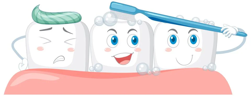 Happy teeth brushing itself with a toothpaste on white background Ilustración de archivo