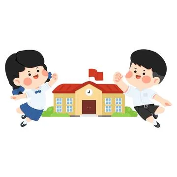 Happy Thai students jumping in front of school building Stock Illustration