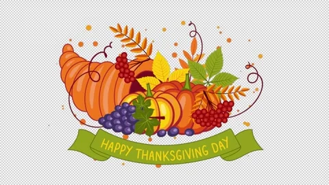 Happy Thanksgiving animation with cornucopia and pumpkins on alpha Stock Footage 320073664