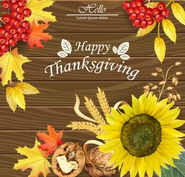 Happy thanksgiving card Vector. Fall leaves over wooden Ilustração Stock