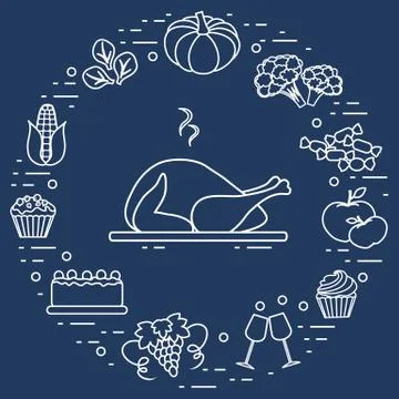 Happy Thanksgiving cartoon objects. Fall symbols for print. Stock Illustration