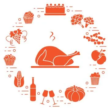 Happy Thanksgiving cartoon objects. Fall symbols for print. Stock Illustration