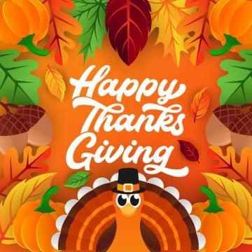 Happy Thanksgiving day background vector with decorative leaves, pumpkins, an Illustrazione stock