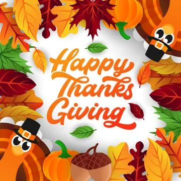 Happy Thanksgiving day background vector with decorative leaves, pumpkins, an Stock-Illustration