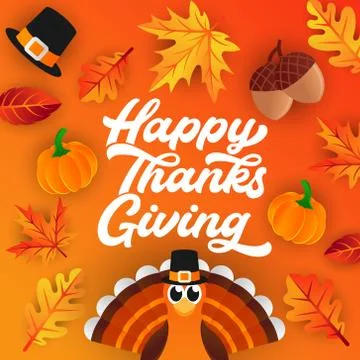 Happy Thanksgiving day background vector with decorative leaves, pumpkins, an Stock Illustration