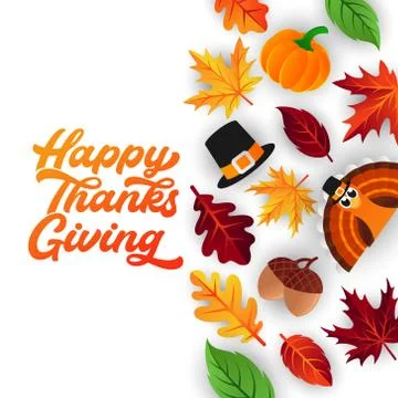 Happy Thanksgiving day background vector with decorative leaves, pumpkins, an Stock Illustration