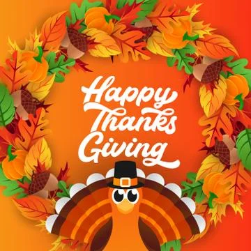 Happy Thanksgiving day background vector with decorative leaves, pumpkins, an Illustrazione stock