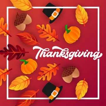 Happy Thanksgiving day background vector with decorative leaves, pumpkins, an Stock Illustration