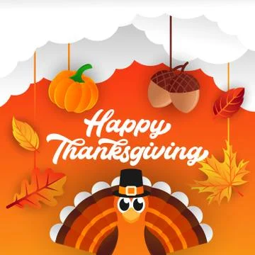 Happy Thanksgiving day background vector with decorative leaves, pumpkins, an Stock Illustration