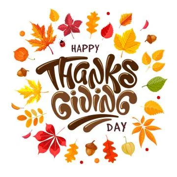 Happy Thanksgiving Day Celebration Typography Lettering With Autumn Leaves Stock Illustration