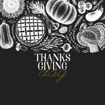 Happy Thanksgiving Day design template. Vector hand drawn illustrations on ch Stock Illustration