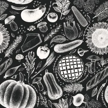 Happy Thanksgiving Day seamless pattern. Vector hand drawn illustrations on Stock Illustration