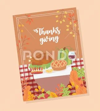 Happy thanksgiving poster menu dinner turkey wine cake pumpkin Stock Illustration