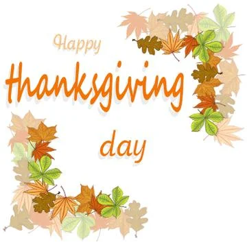 Happy Thanksgiving script with pumpkins and leaves vector illustration on whi Stock Illustration