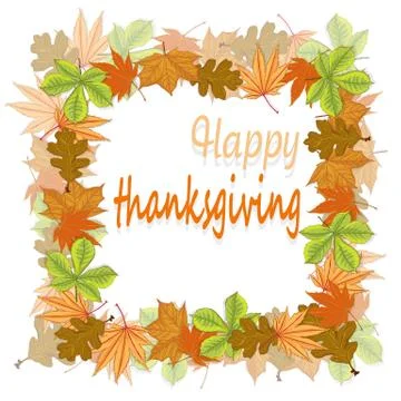 Happy Thanksgiving script with pumpkins and leaves vector illustration on whi Stock Illustration