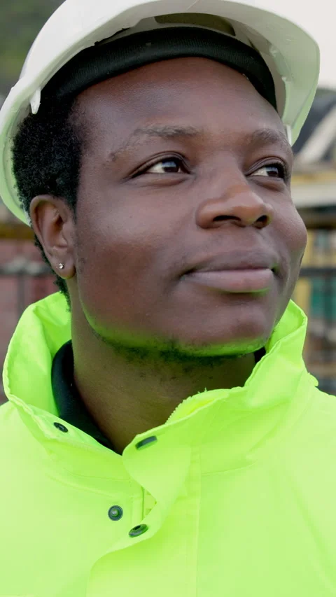 Happy, thinking and black man with idea for construction site, building project Stock Footage 338105697