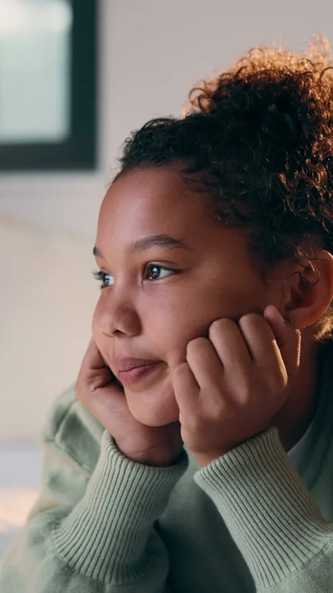 Happy, thinking and child on bed in home for daydreaming, wondering and relax on Stock Footage 335788766