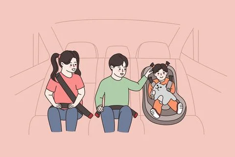 Happy three kids in car using safety measures Illustrazione stock