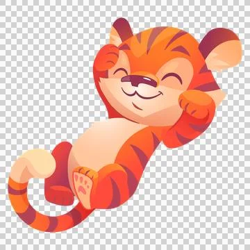 Happy tiger cub lying on back, hands on head, transparent. Illustrazione stock