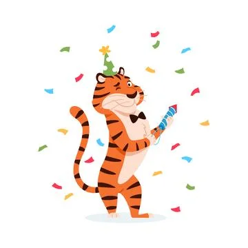 Happy tiger in party hat with firework cracker. Stock Illustration