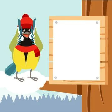 Happy Titmouse with Hat on the Tree flat background Stock Illustration