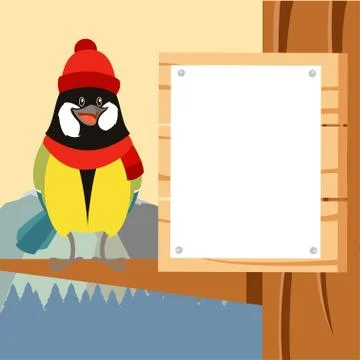 Happy Titmouse with Hat on the Tree winter flat background Stock Illustration