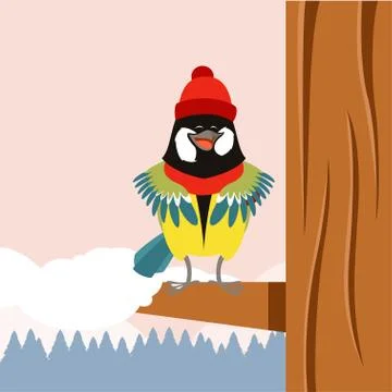 Happy Titmouse with Hat on the Tree winter flat background Illustrazione stock