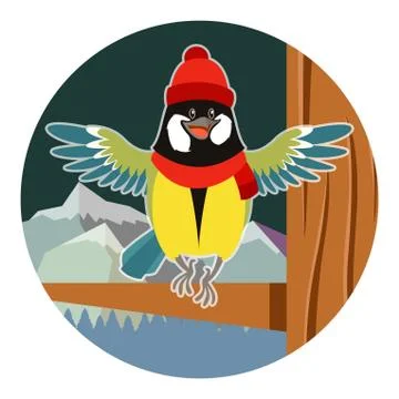 Happy Titmouse with Hat on the Tree winter flat background Stock Illustration