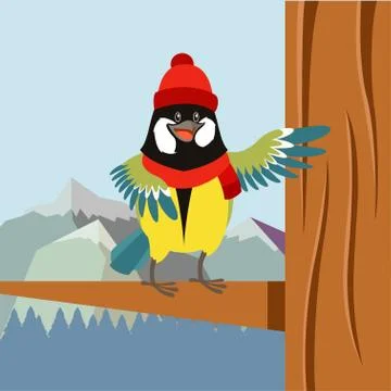Happy Titmouse with Hat on the Tree winter flat background Stock Illustration