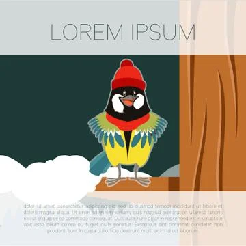 Happy Titmouse with Hat on the Tree winter flat background Stock Illustration