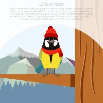 Happy Titmouse with Hat on the Tree winter flat background Stock Illustration