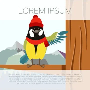 Happy Titmouse with Hat on the Tree winter flat background Stock Illustration