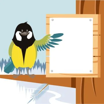 Happy Titmouse on the Tree winter flat background Stock Illustration