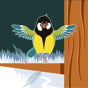 Happy Titmouse on the Tree winter flat background Stock Illustration