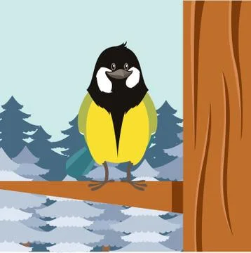 Happy Titmouse on the Tree winter flat background Stock Illustration
