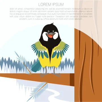 Happy Titmouse on the Tree winter flat background Stock Illustration