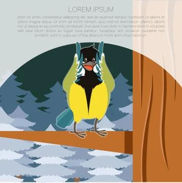 Happy Titmouse on the Tree winter flat background Stock Illustration