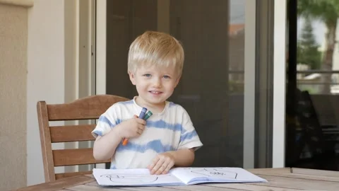 Happy toddler smiles while coloring picture outdoors. He plays with colors in Stock Footage 317319377